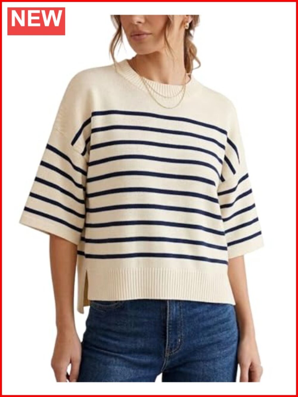 Women's Striped Short Sleeve Sweater Crewneck Knit Top Side Slits